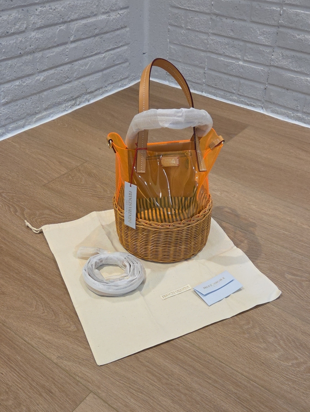 Frances Valentine Leather- Trimmed Wicker Bucket Bag with Orange Clear Overlay